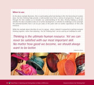 Tools Phase 3: Selecting and Testing Ideas to Make a Difference Edward de Bono’s Six Thinking Hats®
131
When to use:
As the above example illustrates, this is a particularly useful tool during or after the harvesting of creative
ideas. Six Hats thinking helps provide a well-rounded view from a variety of perspectives. A quick run
through the hats enables us to broaden our understanding of the idea, thereby helping us decide
whether the idea is feasible to take on to further development, or whether its challenges so far outweigh
the potential benefits that it can be put aside at this point with no further expenditure of time and
resources.
While the example above describes its use in a group - where, indeed it is powerful in getting everyone
thinking together, rather than debating - the Six Thinking Hats®
can be used by an individual as well.
Thinking is the ultimate human resource. Yet we can
never be satisfied with our most important skill.
No matter how good we become, we should always
want to be better.
Edward de Bono
TD_03_TOOLS_ALL 12/9/07 9:33 am Page 19
 