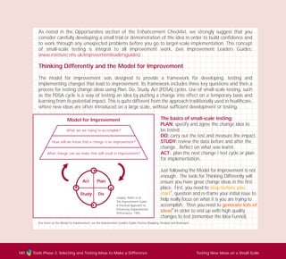 Tools Phase 3: Selecting and Testing Ideas to Make a Difference Testing New Ideas on a Small Scale141
As noted in the Opportunities section of the Enhancement Checklist, we strongly suggest that you
consider carefully developing a small trial or demonstration of the idea in order to build confidence and
to work through any unexpected problems before you go to larger-scale implementation. This concept
of small-scale testing is integral to all improvement work. (see Improvement Leaders Guides:
www.institute.nhs.uk/improvementleadersguides).
Thinking Differently and the Model for Improvement
The model for improvement was designed to provide a framework for developing, testing and
implementing changes that lead to improvement. Its framework includes three key questions and then a
process for testing change ideas using Plan, Do, Study, Act (PDSA) cycles. Use of small-scale testing, such
as the PDSA cycle is a way of testing an idea by putting a change into effect on a temporary basis and
learning from its potential impact. This is quite different from the approach traditionally used in healthcare,
where new ideas are often introduced on a large scale, without sufficient development or testing.
The basics of small-scale testing:
PLAN: specify and agree the change idea to
be tested.
DO: carry out the test and measure the impact.
STUDY: review the data before and after the
change. Reflect on what was learnt.
ACT: plan the next change / test cycle or plan
for implementation.
Just following the Model for Improvement is not
enough. The tools for Thinking Differently will
ensure you have great change ideas in the first
place. First, you need to stop before you
start
I
, question and re-frame your initial issue to
help really focus on what it is you are trying to
accomplish. Then you need to generate lots of
ideas
I
in order to end up with high quality
changes to test (remember the Idea Funnel).
Act Plan
Study Do
What are we trying to accomplish?
How will we know that a change is an improvement?
What change can we make that will result in improvement?
Model for Improvement
(For more on the Model for Improvement, see the Improvement Leaders Guide: Process Mapping, Analysis and Redesign)
Langley, Nolan et al,
The Improvement Guide:
A Practical Approach to
Enhancing Organisational
Performance, 1992.
TD_03_TOOLS_ALL 12/9/07 9:33 am Page 29
 