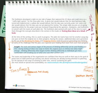 The facilitators developed a table on one side of paper that captured the 43 ideas and could serve as a
“traffic-light system” for the three pilot sites. A green dot would indicate that the idea had been fully
tested and implemented, a yellow dot would indicate that the idea was currently under test, and a red
dot would indicate that the idea was not yet planned for testing. This simple table became an on-going
reporting vehicle for the project and was reviewed frequently by the sponsors, champions, and facilitators,
in concert with the teams at each pilot site. The facilitators also worked with each of the sites to coach
them through the concepts described in the section in this Guide on Testing New Ideas on a Small
Scale.
At the time of this writing, this is a work in progress. The pilot site teams have met for another away-day
one year on from the original one to share progress. During the session, additional ideas were generated
by the use of the Breaking the Rules and Stepping Stones tools focused on generating new thinking
on some of the challenges that the pilot sites reported were holding them back from even more progress.
Insight: The tools and various stages of the process of thinking differently can be used flexibly over
time. During testing of ideas new ways to frame the original issue or entirely new ideas might
emerge - thinking differently often begets further thinking differently as individuals get more
comfortable with breaking out of what once was their comfort zone.
The teams and leadership of the organisation are confident that they are well on their way to the goal of
panel sizes of 5000 patients per primary care doctor and they are already turning attention to planning
for the spread of new ways of working to other sites, and for sustaining the gains.
(for more detail on spread and sustainability, see www.institute.nhs.uk/improvementleadersguides)
Case Studies
An Example from the United States
183
TD_07_CS_TEAM5000_01 12/9/07 9:02 am Page 13
 