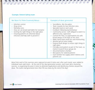 Example: Patient Safety team
Ideas from each of the exercises were captured on post-it notes and, after each round, were added to
individual team wall charts. At the end of the idea generation session, each team did a clustering
exercise, re-organising the post-it notes to eliminate duplications and identify key themes around the
ideas. The teams had generated more than 90 new ideas by the end of the day!
We Want To Think Creatively About…
• Infection control
• Drug errors
• Mortality rates
• How we can break bad habits for everyone
• Getting the right things in the right place
• Ensuring patients are informed about
infection and help staff to prevent it
Examples of ideas generated
• Surveillance, like the police
• Team rewards for low infection rates
• Specialist lead on each ward
• Feedback following bad behaviour
• Community service; staff obliged to work in a
different area, supervised
• Control the flow, as supermarkets do with
bread always at the back of the store
• Make hand wash smell nice and moisturising
• Alcohol gel on notes trolley
• Purpose-built design to ensure right things in
right place
• Formally enrol patient as part of the team, as
market research focus groups do
• Decontamination chamber
• Red aprons for isolated patients
• Each bedside has supply which relatives and
patients use
Case Studies Learning from Luton & Dunstable NHS Foundation Trust191
TD_07_CS_LUTON_01 12/9/07 9:06 am Page 7
 