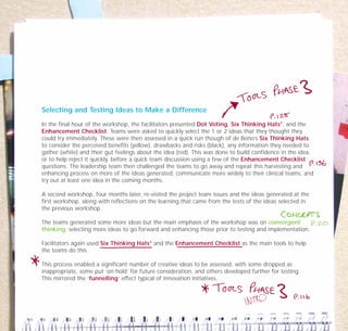 Selecting and Testing Ideas to Make a Difference
In the final hour of the workshop, the facilitators presented Dot Voting, Six Thinking Hats®
, and the
Enhancement Checklist. Teams were asked to quickly select the 1 or 2 ideas that they thought they
could try immediately. These were then assessed in a quick run though of de Bono’s Six Thinking Hats
to consider the perceived benefits (yellow), drawbacks and risks (black), any information they needed to
gather (white) and their gut feelings about the idea (red). This was done to build confidence in the idea,
or to help reject it quickly, before a quick team discussion using a few of the Enhancement Checklist
questions. The leadership team then challenged the teams to go away and repeat this harvesting and
enhancing process on more of the ideas generated, communicate more widely to their clinical teams, and
try out at least one idea in the coming months.
A second workshop, four months later, re-visited the project team issues and the ideas generated at the
first workshop, along with reflections on the learning that came from the tests of the ideas selected in
the previous workshop.
The teams generated some more ideas but the main emphasis of the workshop was on convergent
thinking: selecting more ideas to go forward and enhancing those prior to testing and implementation.
Facilitators again used Six Thinking Hats®
and the Enhancement Checklist as the main tools to help
the teams do this.
This process enabled a significant number of creative ideas to be assessed, with some dropped as
inappropriate, some put ‘on hold’ for future consideration, and others developed further for testing.
This mirrored the ‘funnelling’ effect typical of innovation initiatives.
TD_07_CS_LUTON_01 12/9/07 9:06 am Page 8
 