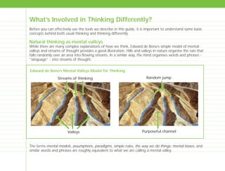 What’s Involved in Thinking Differently?
Before you can effectively use the tools we describe in this guide, it is important to understand some basic
concepts behind both usual thinking and thinking differently.
Natural thinking as mental valleys
While there are many complex explanations of how we think, Edward de Bono’s simple model of mental
valleys and streams of thought provides a good illustration. Hills and valleys in nature organise the rain that
falls randomly over an area into flowing streams. In a similar way, the mind organises words and phrases -
“language” - into streams of thought.
The terms mental models, assumptions, paradigms, simple rules, the way we do things, mental boxes, and
similar words and phrases are roughly equivalent to what we are calling a mental valley.
Edward de Bono’s Mental Valleys Model for Thinking
Streams of thinking
Purposeful channel
Random jump
Valleys
TD_00_INTRO_01 12/9/07 9:15 am Page 16
 