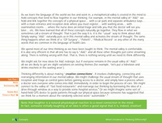 Concepts What’s Involved in Thinking Differently?21
Tools Phase 2
Mental
Benchmarking: 108
Random Word,
Picture or Object: 86
As we learn the language of the world we live and work in, a metaphorical valley is created in the mind to
hold concepts that tend to flow together in our thinking. For example, in the mental valley of “A&E” we
hold and link together the concepts of a physical space… with a car park and separate ambulance bays…
with a main entrance and reception desk where you must register… with waiting areas… with
examination rooms … where the nurse does an initial triage and tells you that the doctor will see you
later… etc. We have learned that all of these concepts naturally go together. They flow in what we
sometimes call a stream of thought. That is just the way it is; it is the “usual” way to think about A&E.
Simply saying “A&E” naturally puts us in this mental valley and activates the stream of thought. The same
thing happens when we think of a “GP Surgery”, “Patient”, “Medical Record” or any other of the many
words that are common in the language of health care.
We spend most of our time thinking as we have been taught to think. The mental valley is comfortable.
It is also very efficient in that all one has to say is “A&E” and all these other thoughts just come streaming
along. There is nothing wrong with that. That is, there is nothing wrong until we need to think differently.
We might ask for new ideas for A&E redesign, but if everyone remains in the usual valley of “A&E”
all we are likely to get are slight variations on existing themes (for example, “let’s put a television and
drinks machine in the waiting area”).
Thinking differently is about making “creative connections”. It involves challenging, connecting and
rearranging information in our mental valleys. We might challenge the usual stream of thought that uses
reception and triage as control gates before gaining access to a doctor, and simply have a process where
a doctor sees everyone who comes into A&E immediately, in order to begin the process of care. We might
connect to the valley of “fast food restaurants” and rearrange our thinking by borrowing the idea of a
drive-through window as a way to provide some hospital services.
I
Or we might imagine some sort of
hand-held GPS device to guide patients through our physical space because someone has suggested that
we think for a moment about the randomly selected word “automobile”.
I
Note that laughter is a natural physiological reaction to a novel connection in the mind.
In fact, someone initially laughing at an idea is often a good signal that it is, indeed, creative!
TD_00_INTRO_01 12/9/07 9:15 am Page 17
 