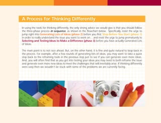 A Process for Thinking Differently
In using the tools for thinking differently, the only strong advice we would give is that you should follow
the three-phase process in sequence, as shown in the flowchart below. Specifically, resist the urge to
jump right into Generating Lots of Ideas (phase 2) before you first, Stop Before You Start (phase 1)
in order to really understand the issue you want to work on… and resist the urge to jump prematurely to
Selecting and Testing Ideas to Make a Difference (phase 3) before you have actually Generated Lots
of Ideas.
The main point is to not race ahead. But, on the other hand, it is fine and quite natural to loop back in
the process. For example, after a few rounds of generating lots of ideas, you may want to take a quick
step back to the reframing tools in the previous step just to see if you can generate even more ideas.
And, you will often find that as you get into testing your ideas you may need to both reframe the issue
and generate even more new ideas to meet the challenges that will inevitably arise. If thinking differently
were easy then we wouldn’t be stuck with some of the problems we are currently facing.
TD_00_INTRO_01 12/9/07 9:16 am Page 26
 