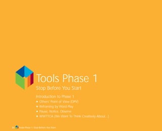 Tools Phase 1
Stop Before You Start
Introduction to Phase 1
N Others’ Point of View (OPV)
N Reframing by Word Play
N Pause, Notice, Observe
N WWTTCA (We Want To Think Creatively About...)
Tools Phase 1: Stop Before You Start33
TD_01_TOOLS_ALL 12/9/07 9:20 am Page 1
 