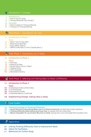 Introduction / Concepts
Introduction
N How to Use This Guide
N Thinking Differently? Why Should I?
Concepts
N What’s Involved for Thinking Differently
N A Process for Thinking Differently
33
40
46
50
58
63
70
78
86
94
102
108
113
120
128
136
140
148
153
155
171
185
207
209
211
Tools Phase 1: Stop Before You Start
Introduction to Phase 1
Tools:
N Others’ Point of View (OPV)
N Reframing by Word Play
N Pause, Notice, Observe
N WWTTCA (We Want To Think Creatively About...)
Case studies
Practical Examples of Thinking Differently
N Award Winning Thinking Brings Better Care to a Diverse Community: the North East London experience
N Thinking Differently About Delivering Primary Care: an example from the United States
N Mission Impossible? Or Just Another Mountain to Climb: learning from Luton & Dunstable NHS Foundation Trust
Appendices
Linking Thinking Differently Tools to Improvement Work
Advice for Facilitators
References for Further Study
Tools Phase 2: Generating Lots of Ideas
Introduction to Phase 2
Tools:
N Fresh Eyes
N Breaking the Rules
N Random Word, Picture or Object
N Stepping Stones
N That’s Impossible
N Mental Benchmarking
Tools Phase 3: Selecting and Testing Ideas to Make a Difference
Introduction to Phase 3
Tools:
N Harvesting by Criteria and Dot Voting
N Six Thinking Hats®
N Enhancement Checklist
N Testing New Ideas on a Small Scale
Implementing Change: making ideas a reality
5
7
10
20
20
30
TD_00_CONTENTS 6/7/07 3:04 pm Page 2
 