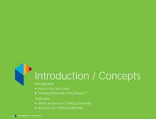 Introduction / Concepts5
Introduction / Concepts
Introduction
N How to Use This Guide
N Thinking Differently? Why Should I?
Concepts
N What’s Involved for Thinking Differently
N A Process for Thinking Differently
TD_00_INTRO_01 12/9/07 9:15 am Page 1
 