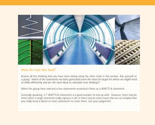 How do I use this tool?
Review all the thinking that you have been doing using the other tools in this section. Ask yourself or
a group “which of the statements we have generated seem the most on-target for where we might need
to think differently and are the most likely to stimulate new thinking?”
When the group have selected a few statements reconstruct these as a WWTTCA statement.
Generally speaking, 3-7 WWTTCA statements is a good number to end up with. However, there may be
times when a single statement really captures it all, or there may be some issues that are so complex that
you really need a dozen or more statements to cover them. Use your judgement.
TD_01_TOOLS_ALL 12/9/07 9:21 am Page 28
 