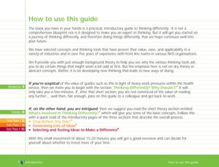 Introduction How to use this guide
How to use this guide
The book you have in your hands is a practical, introductory guide to thinking differently. It is not a
comprehensive blueprint nor is it designed to make you an expert in thinking. But it will get you started on
a journey of thinking differently, and therefore doing things differently, that we hope continues well into
your future.
We have selected concepts and thinking tools that have proven their value, ease, and applicability in a
variety of industries and in over five years of experience with front line teams in various NHS organisations.
We’ll provide you with just enough background theory to help you see why the various thinking tools ask
you to do certain things that might seem a bit odd at first. But the emphasis here is not on dry theory or
abstract concepts. Rather, it is on developing new thinking that leads to new ways of doing.
If you’re sceptical of the value of guides such as this in light of heavy work pressures within the health
service, then we invite you to begin with the section: Thinking Differently? Why Should I?
I
It will
only take you a few minutes. If, after that short section, you are not convinced of the value of reading
any further… well then, fair enough, pass on this guide to a colleague and get back to work.
If, on the other hand, you are intrigued, then we suggest you read the short theory section entitled
What’s Involved in Thinking Differently?
I
which will give you some of the basic concepts. Follow this
with a quick read of the introductory pages of the three sections that describe the overall process:
N Stop Before You Start
I
N Generating Lots of Ideas
I
N Selecting and Testing Ideas to Make a Difference
I
With this small investment of about 15-20 minutes you will get a good overview and can decide for
yourself about whether to invest more of your time.
Concepts: 20
Introduction: 10
Tools Phase 1: 33
Tools Phase 2: 63
Tools Phase 3: 113
7
TD_00_INTRO_01 12/9/07 9:15 am Page 3
 