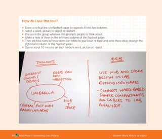 Tools Phase 2: Generating Lots of Ideas Random Word, Picture, or Object93
How do I use this tool?
N Draw a vertical line on flipchart paper to separate it into two columns.
N Select a word, picture or object at random.
N Discuss in the group whatever this prompts people to think about.
N Make a note of these in the left-hand column of the flipchart paper.
N Then ask how some of these items can relate to your issue or topic and write those ideas down in the
right-hand column of the flipchart paper.
N Spend about 10 minutes on each random word, picture or object.
TD_02_TOOLS_ALL 12/9/07 9:27 am Page 31
 