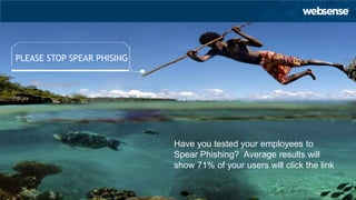 PLEASE STOP SPEAR PHISING




                                    Have you tested your employees to
                                    Spear Phishing? Average results will
                                    show 71% of your users will click the link


                            © 2012 Websense, Inc.                                8
 