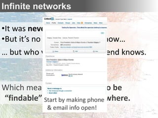 Infinite networks

•It was never what you knew.
•But it’s no longer who you know…
… but who your friend of a friend knows.



Which means: It’s essential to be
“findable” online and everywhere.
 