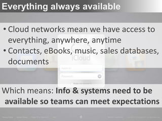 Everything always available

• Cloud networks mean we have access to
  everything, anywhere, anytime
• Contacts, eBooks, music, sales databases,
  documents


Which means: Info & systems need to be
available so teams can meet expectations
 