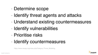 - Determine scope
- Identify threat agents and attacks
- Understand existing countermeasures
- Identify vulnerabilities
- Prioritise risks
- Identify countermeasures
Gareth Rushgrove
https://www.owasp.org/index.php/Category:Threat_Modeling
 