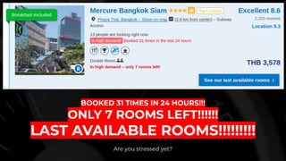 BOOKED 31 TIMES IN 24 HOURS!!!
ONLY 7 ROOMS LEFT!!!!!!
LAST AVAILABLE ROOMS!!!!!!!!!
Are you stressed yet?
 