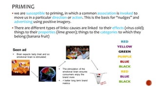  we are susceptible to priming, in which a common association is invoked to
move us in a particular direction or action. This is the basis for “nudges” and
advertising using positive imagery.
 There are different types of links: causes are linked to their effects (virus cold);
things to their properties (lime green); things to the categories to which they
belong (banana fruit)
 