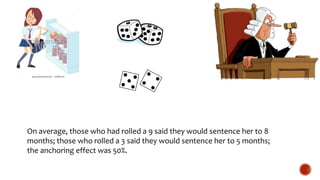 On average, those who had rolled a 9 said they would sentence her to 8
months; those who rolled a 3 said they would sentence her to 5 months;
the anchoring effect was 50%.
 