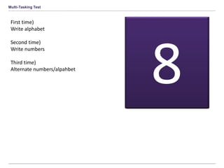 Multi-Tasking Test
Time’s
Up12345678
First time)
Write alphabet
Second time)
Write numbers
Third time)
Alternate numbers/alpahbet
 