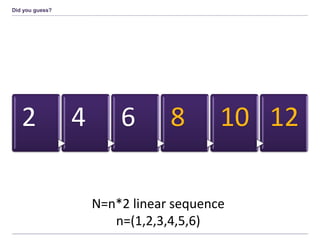 Did you guess?
2 4 6 8 10 12
N=n*2 linear sequence
n=(1,2,3,4,5,6)
 