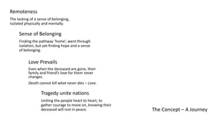 The Concept – A Journey
Remoteness
The lacking of a sense of belonging,
isolated physically and mentally.
Love Prevails
Even when the deceased are gone, their
family and friend’s love for them never
changes.
Death cannot kill what never dies – Love.
Sense of Belonging
Finding the pathway ‘home’, went through
isolation, but yet finding hope and a sense
of belonging.
Tragedy unite nations
Uniting the people heart to heart, to
gather courage to move on, knowing their
deceased will rest in peace.
 