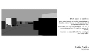 Spatial Poetics
Black boxes of isolation
This is as if it imitates the souls of the deceased, in
isolation and remoteness when they crashed and
scattered across a large area.
Their bodies took time to fly back from a far area, a
remote distance from the crash site back to our
country.
Boxes can be explored if wished to, basically an
dark empty space.
Remoteness
 