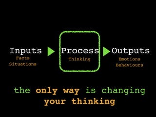 Inputs Process Outputs
Facts
Situations
Thinking
Behaviours
Emotions
the only way is to
change your thinking
 