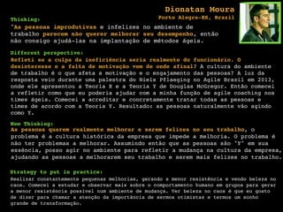 Thinking:
"As pessoas improdutivas e infelizes no ambiente de
trabalho parecem não querer melhorar seu desempenho, então
não consigo ajudá-las na implantação de métodos ágeis.
Different perspective:
Refleti se a culpa da ineficiência seria realmente do funcionário. O
desinteresse e a falta de motivação vem de onde afinal? A cultura do ambiente
de trabalho é o que afeta a motivação e o engajamento das pessoas? A luz da
resposta veio durante uma palestra do Niels Pflaeging no Agile Brazil em 2013,
onde ele apresentou a Teoria X e a Teoria Y de Douglas McGregor. Então comecei
a refletir como que eu poderia ajudar com a minha função de agile coaching nos
times ágeis. Comecei a acreditar e concretamente tratar todas as pessoas e
times de acordo com a Teoria Y. Resultado: as pessoas naturalmente vão agindo
como Y.
New Thinking:
As pessoas querem realmente melhorar e serem felizes no seu trabalho, o
problema é a cultura histórica da empresa que impede a melhoria. O problema é
não ter problemas a melhorar. Assumindo então que as pessoas são "Y" em sua
essência, posso agir no ambiente para refletir a mudança na cultura da empresa,
ajudando as pessoas a melhorarem seu trabalho e serem mais felizes no trabalho.
Strategy to put in practice:
Realizar constantemente pequenas melhorias, gerando a menor resistência e vendo beleza no
caos. Comecei a estudar e observar mais sobre o comportamento humano em grupos para gerar
a menor resistência possível num ambiente de mudança. Ver beleza no caos é que eu gosto
de dizer para chamar a atenção da importância de sermos otimistas e termos um sonho
grande de transformação.
Dionatan Moura  
Porto Alegre-RS, Brazil
 