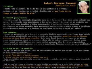 Thinking:
"Tenho uma dinâmica de vida muito desgastante e corrida,
necessito me locomover grandes distâncias o que toma muito
tempo e exige muito de mim."
Different perspective:
“O tempo total de locomoção despendia mais de 6 horas por dia. Este tempo poderia ser
melhor direcionado para aprendizado e bem estar. Apesar de estar em um ambiente que
me oferecia bons desafios e ótima remuneração, o desgaste físico impactava
diretamente na minha atuação. Este raciocínio mostrava que a médio prazo, a tendência
era o desgaste aumentar e o impacto na qualidade da minha atuação ser maior."
New Thinking:
"Formei um pensamento para diminuir o desgaste físico, aumentando o meu tempo para estudo
e bem estar, propiciando uma melhor atuação no meu trabalho, mesmo que isso me fizesse
procurar um novo local para trabalhar. Este novo local deveria ser capaz de me prover
essas necessidades, mesmo se necessário abrir mão de melhor remuneração. Dentro dessa
visão, criei um entendimento sobre meus gastos pessoas, afim de cortar disperdícios,
diminuir certas extravagâncias e alterar a engenharia financeira para uma nova realidade."
Strategy to put in practice:
"Ao sair do emprego que estava, todas as oportunidades de emprego que cogitei teriam que atender
as três alicerces definidos:
• minimo ganho financeiro viável
• mínimo tempo hábil de estudo desejado
• melhor condição de melhoria de saúde e bem estar
Cada oportunidade era encaixada nessa matriz aonde eu estudava os prós e contras para um período
de dois anos.
Tal atitude me ajudou a encontrar um novo desafio que atende bem a estes três pontos. Ao longo
de um ano, faço retrospectivas para avaliar o andamento e tenho limites para cada alicerce, onde
o aumento de um deles pode ser benéfico até um certo limite de decréscimo de outro.”
Rafael Barbosa Camargo  
Jaguariúna-SP, Brazil
 