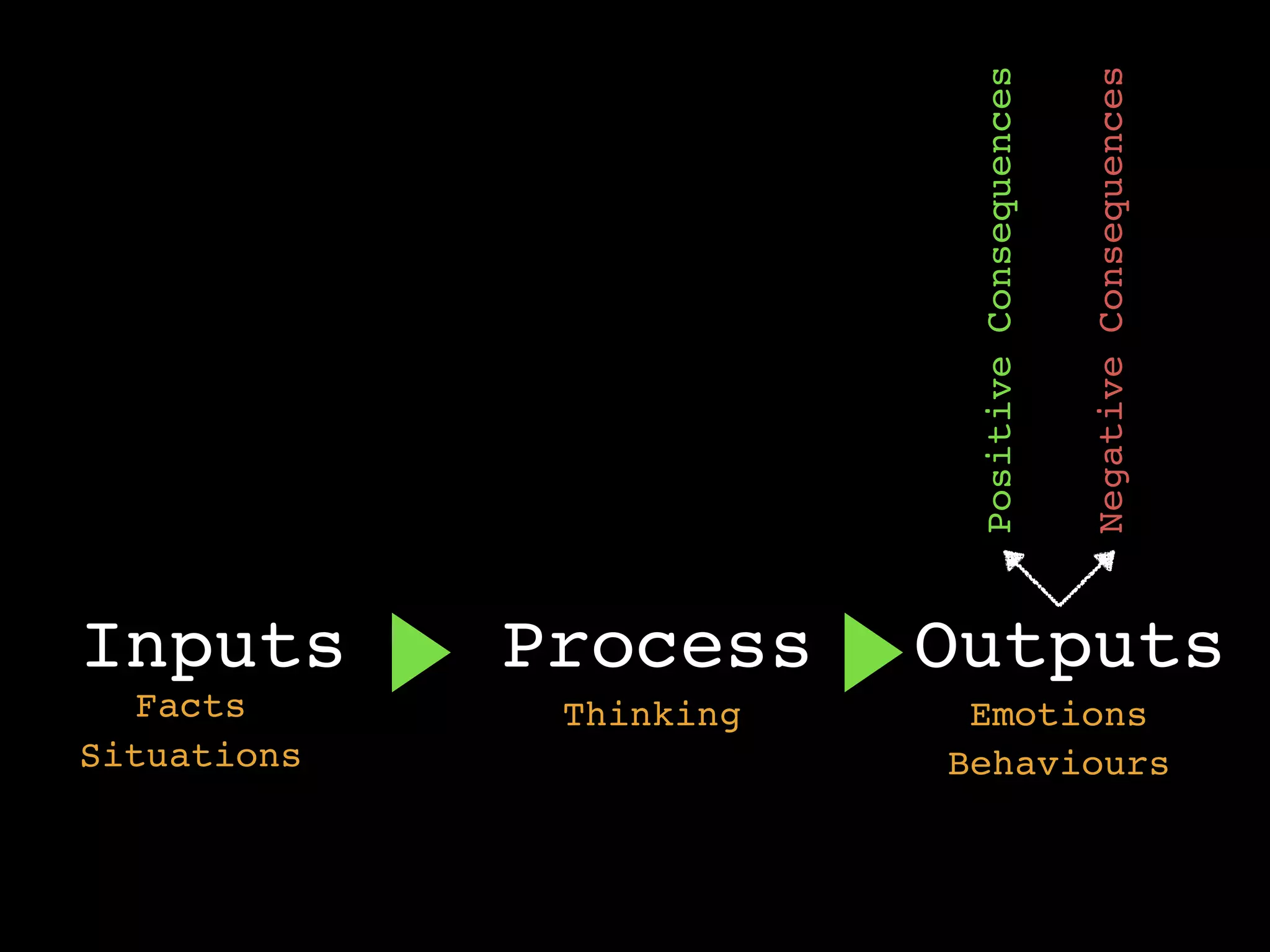 Inputs Process Outputs
Facts
Situations
Thinking
Behaviours
Emotions
PositiveConsequences
NegativeConsequences
 