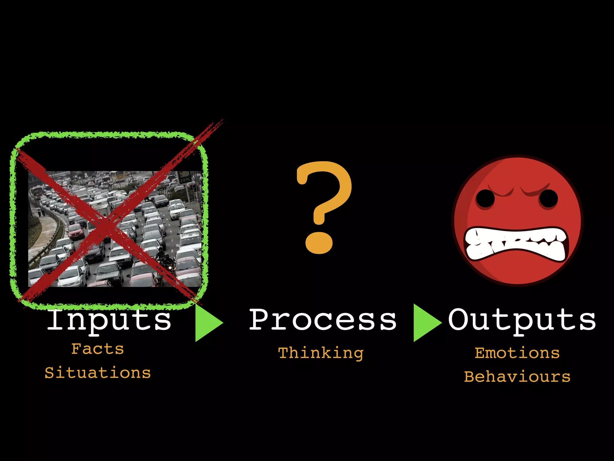 Inputs Process Outputs
Facts
Situations
Thinking
Behaviours
Emotions
?
 
