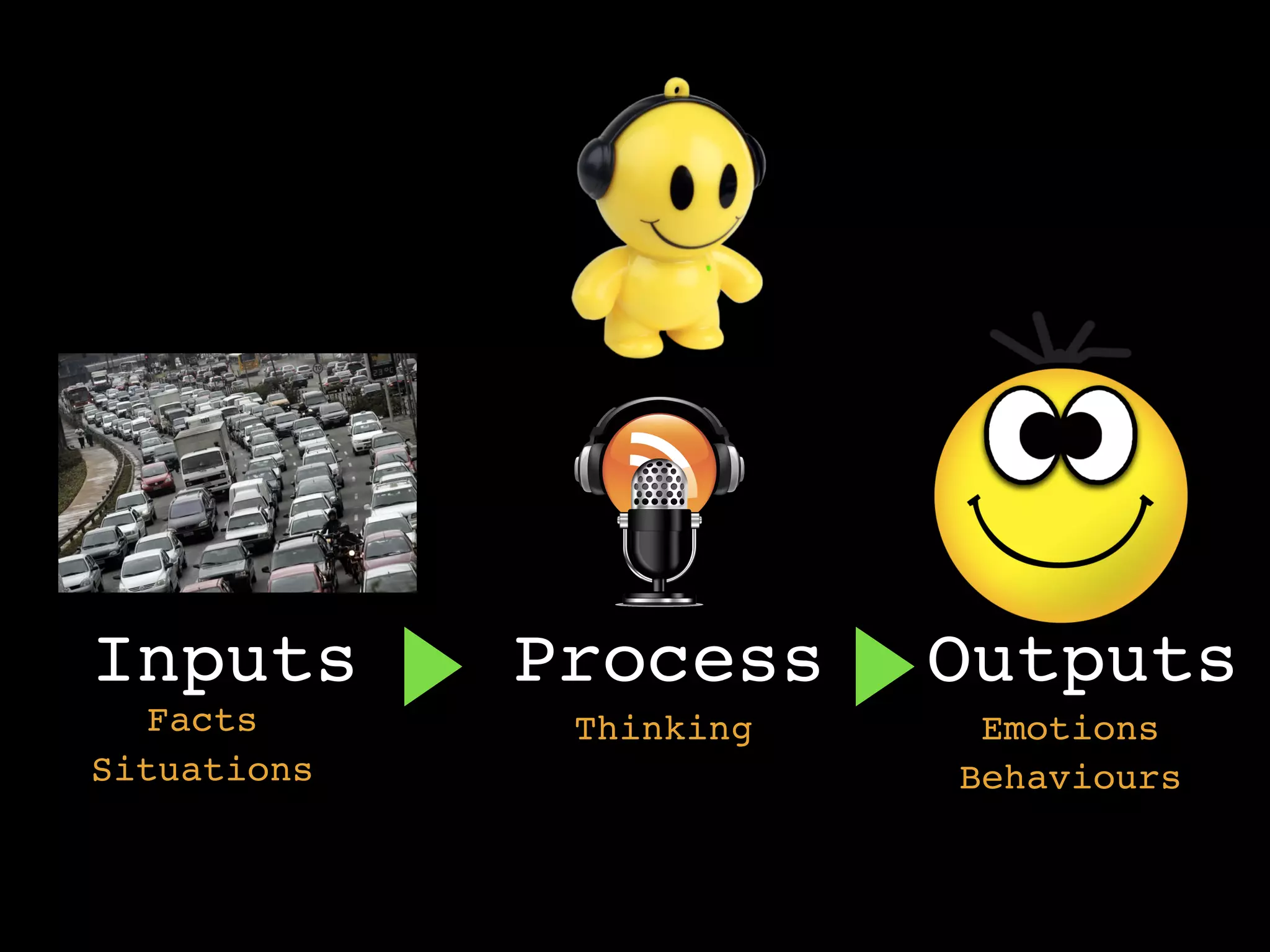 Inputs Process Outputs
Facts
Situations
Thinking
Behaviours
Emotions
 