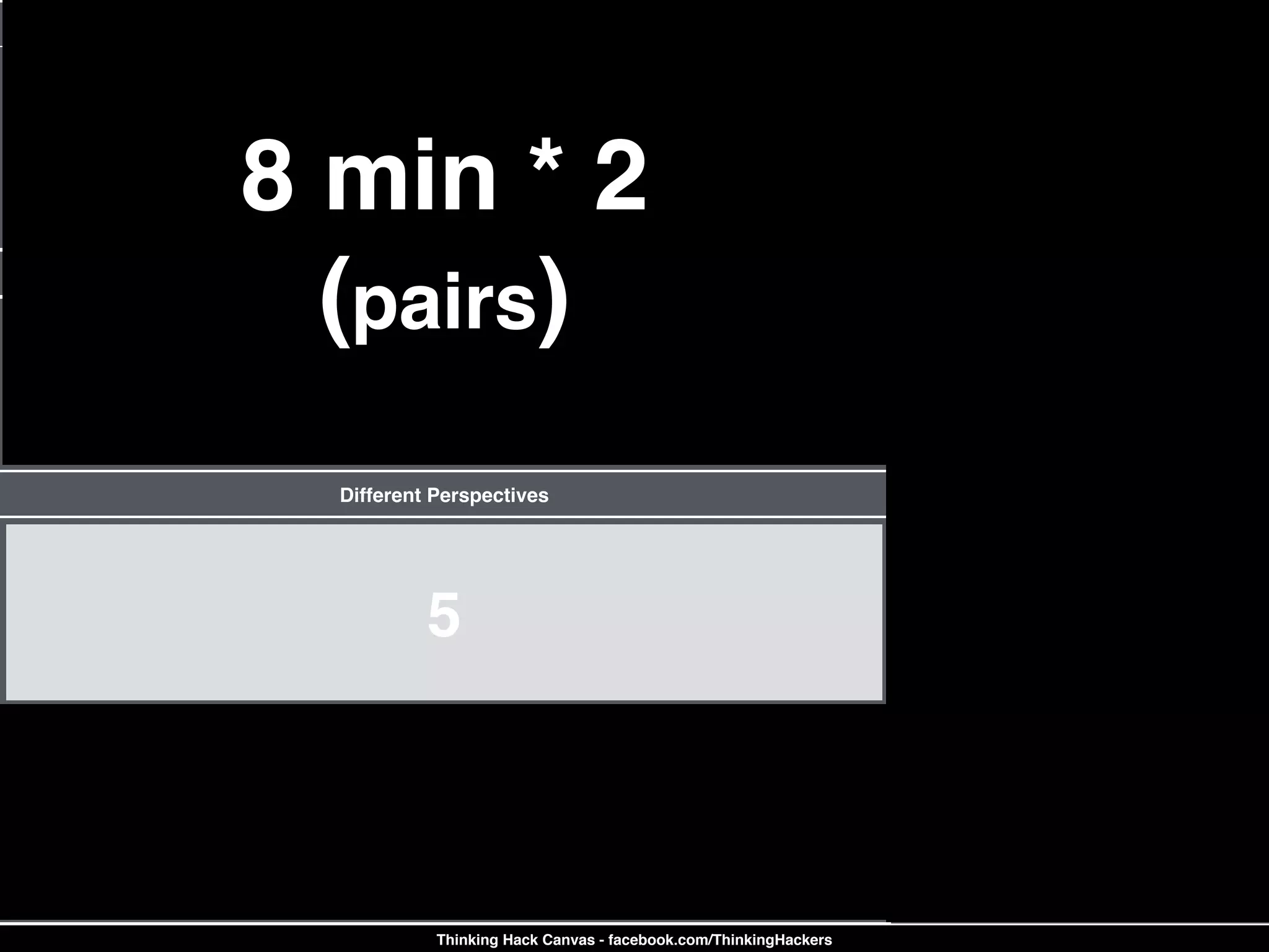 1
Current Outputs
Current Thinking
4
Different Perspectives
5
6
New Thinking
7
Strategy to Action
2
Inputs (Triggers)
3 or 8
Future Outputs
Thinking Hack Canvas - facebook.com/ThinkingHackers
8 min * 2  
(pairs)
 