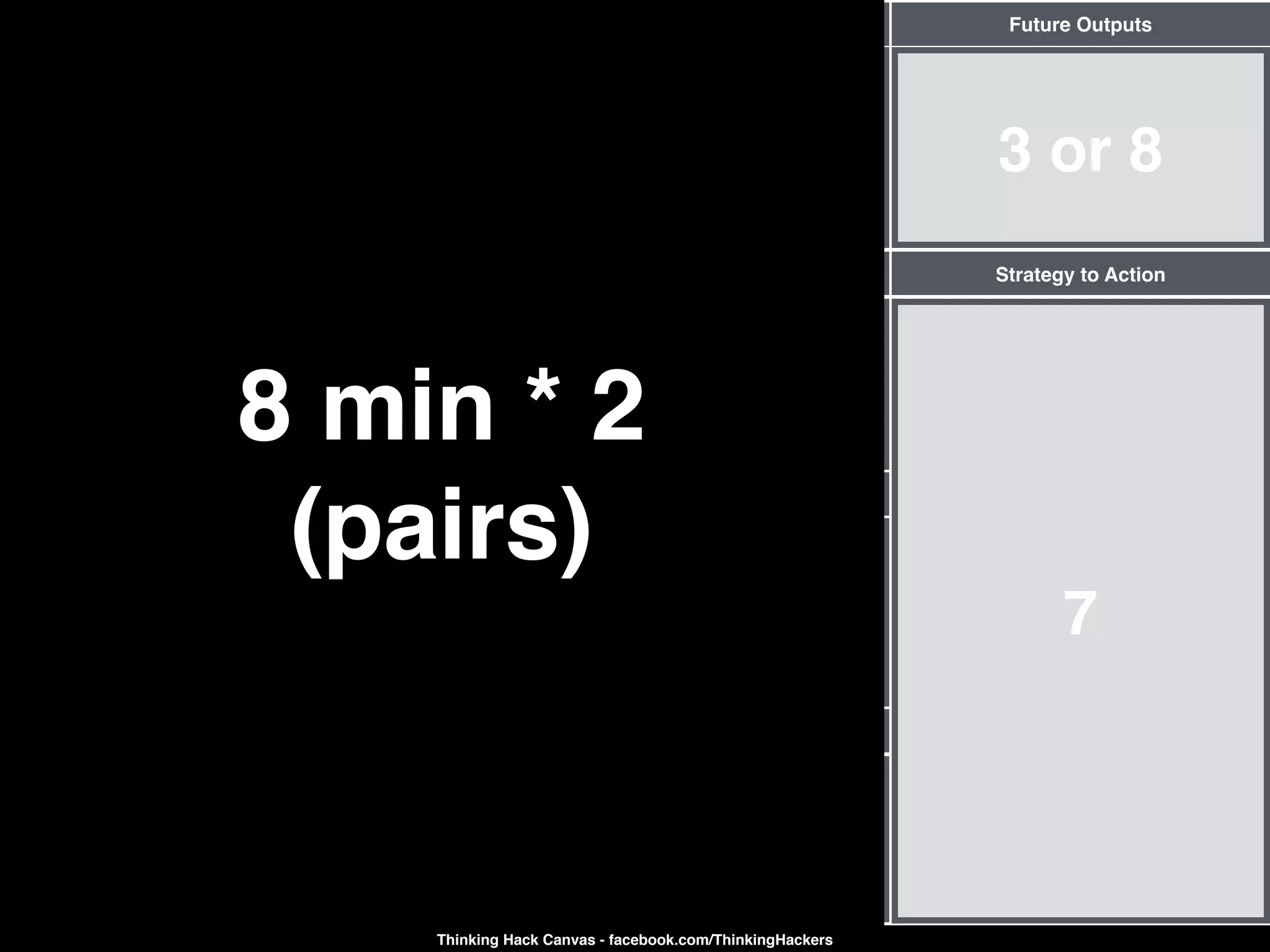 1
Current Outputs
Current Thinking
4
Different Perspectives
5
6
New Thinking
7
Strategy to Action
2
Inputs (Triggers)
3 or 8
Future Outputs
Thinking Hack Canvas - facebook.com/ThinkingHackers
8 min * 2 
(pairs)
 