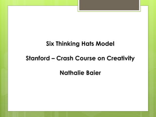 Six Thinking Hats Model

Stanford – Crash Course on Creativity

           Nathalie Baier
 