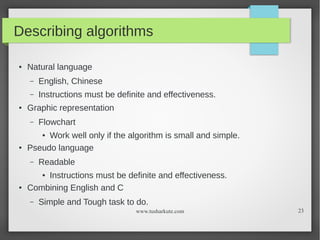 Describing algorithms
●

Natural language
–
–

●

English, Chinese
Instructions must be definite and effectiveness.

Graph...