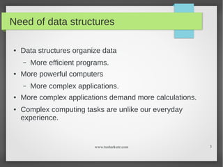Need of data structures
●

Data structures organize data
–

●

More powerful computers
–

●

●

More efficient programs.
M...