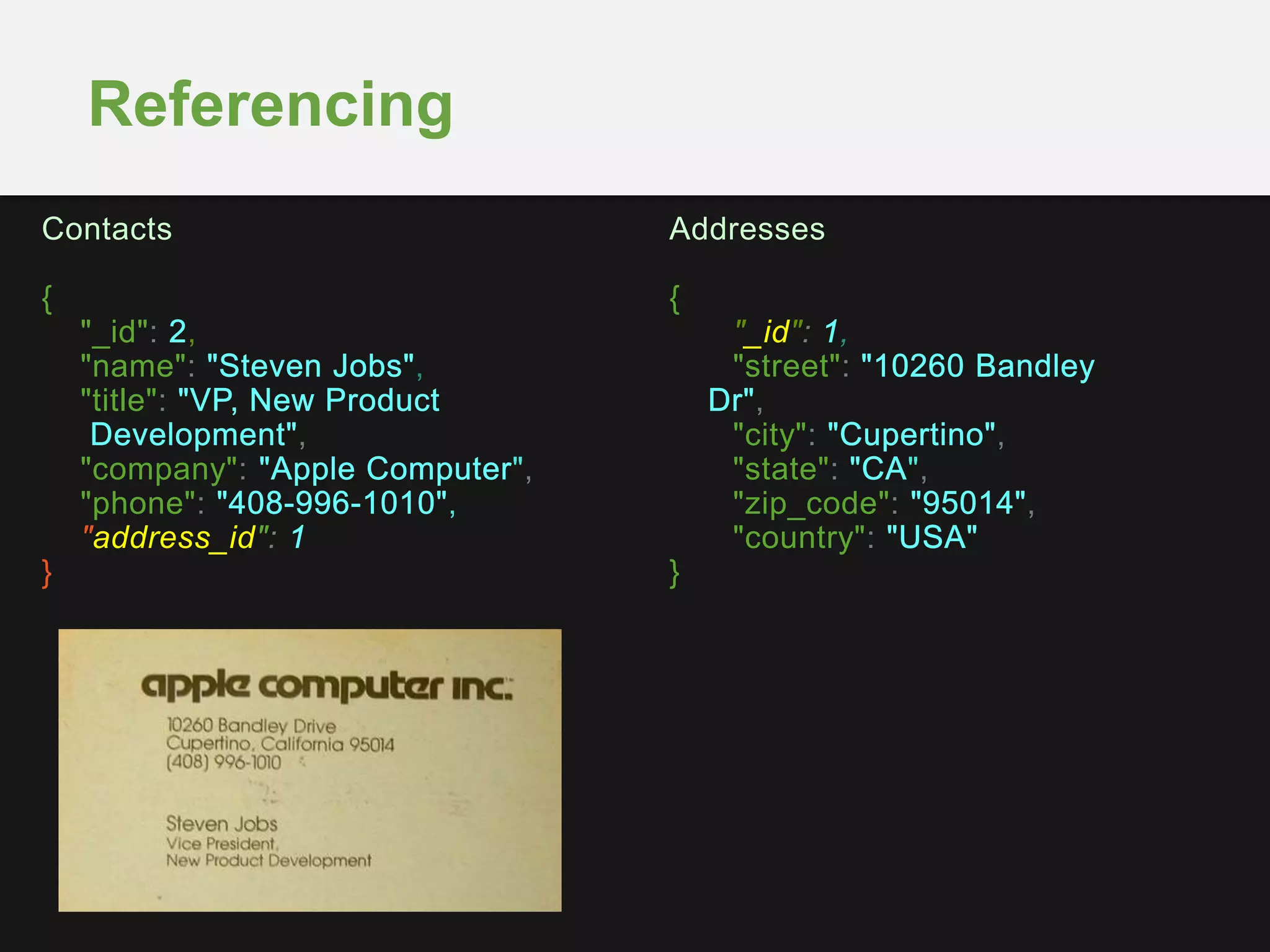 Referencing
Addresses
{
"_id": ,
"street":
,
"city": ,
"state": ",
"zip_code": ,
"country":
}
Contacts
{
"_id": ,
"name": ,
"title":
,
"company": ",
"phone": ,
"address_id":
}
 