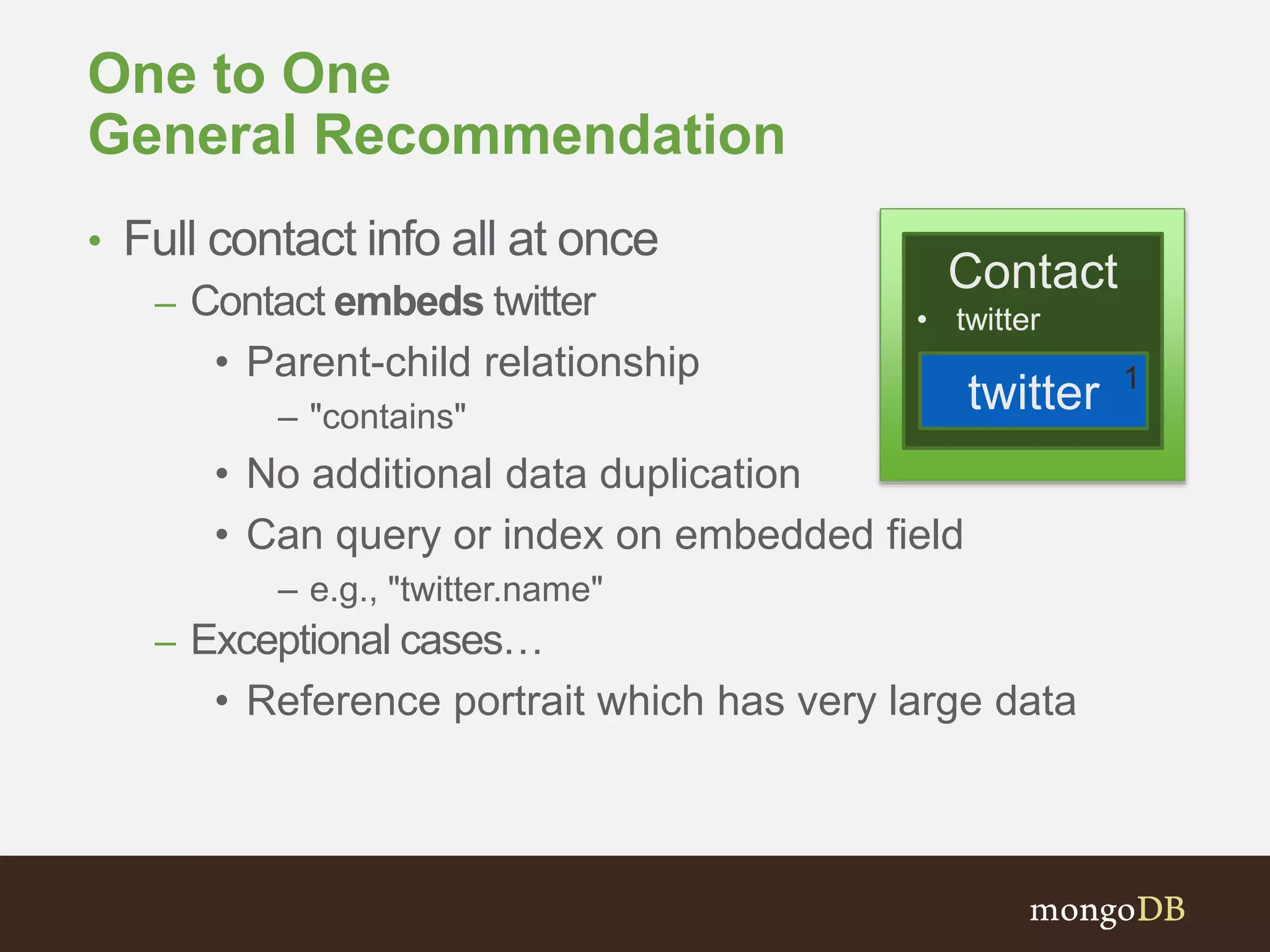 One to One
General Recommendation
• Full contact info all at once
– Contact embeds twitter
• Parent-child relationship
– "contains"
• No additional data duplication
• Can query or index on embedded field
– e.g., "twitter.name"
– Exceptional cases…
• Reference portrait which has very large data
Contact
• twitter
twitter 1
 