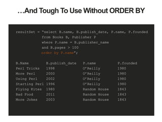 …And Tough To Use Without ORDER BY
resultSet = “select B.name, B.publish_date, P.name, P.founded
from Books B, Publisher P
where P.name = B.publisher_name
and B.pages > 100
order by P.name”;
B.Name B.publish_date P.name P.founded
Perl Tricks 1998 O’Reilly 1980
More Perl 2000 O’Reilly 1980
Using Perl 2002 O’Reilly 1980
Starting Perl 1996 O’Reilly 1980
Flying Kites 1980 Random House 1843
Bad Food 2011 Random House 1843
More Jokes 2003 Random House 1843
 