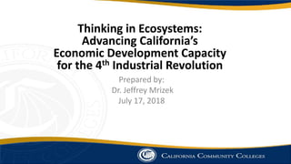 Thinking in Ecosystems:
Advancing California’s
Economic Development Capacity
for the 4th Industrial Revolution
Prepared by:
Dr. Jeffrey Mrizek
July 17, 2018
 