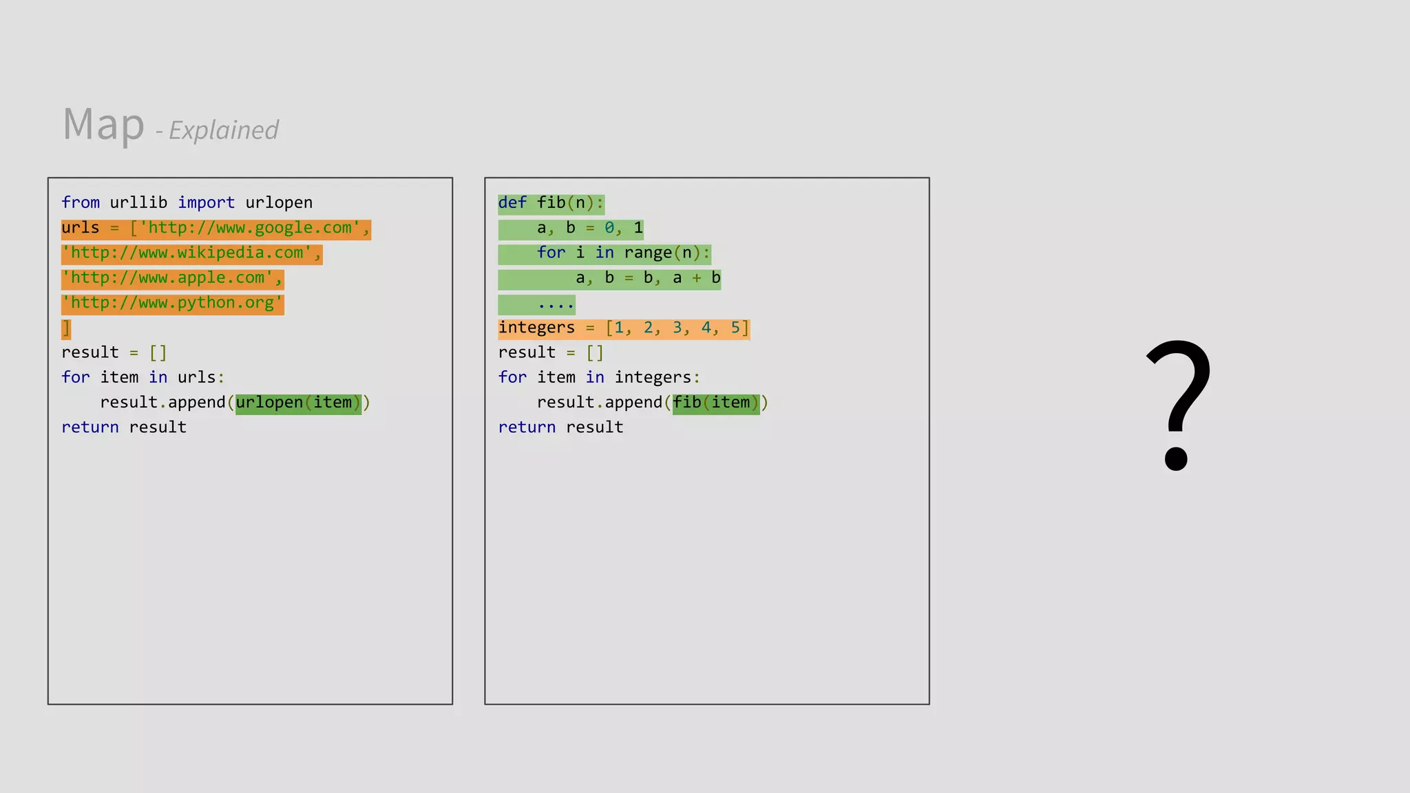 Map - Explained
from urllib import urlopen
urls = ['http://www.google.com',
'http://www.wikipedia.com',
'http://www.apple.com',
'http://www.python.org'
]
result = []
for item in urls:
result.append(urlopen(item))
return result
def fib(n):
a, b = 0, 1
for i in range(n):
a, b = b, a + b
....
integers = [1, 2, 3, 4, 5]
result = []
for item in integers:
result.append(fib(item))
return result
?
 