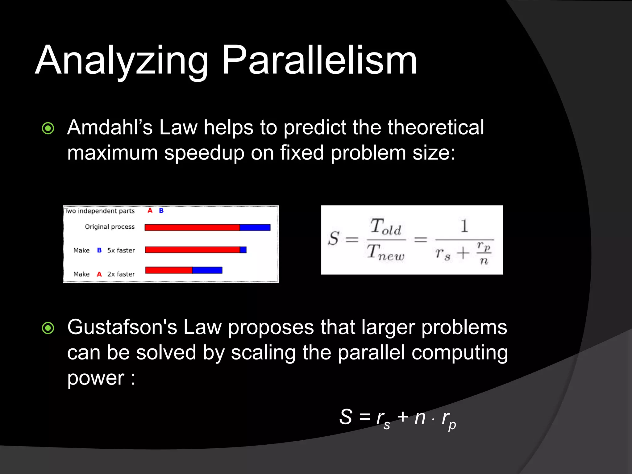 Analyzing Parallelism
   Amdahl’s Law helps to predict the theoretical
    maximum speedup on fixed problem size:




   Gustafson's Law proposes that larger problems
    can be solved by scaling the parallel computing
    power :
                                 S = rs + n . rp
 