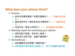 What does your advisor think?
     Courses
         他有沒有講到重點？我要怎麼補充？----->「這篇文章主要
          是…」
         哪些是原作的？哪些是他自己整理的？----->「這裡是我自
          己…」
         他有沒有一點自己的想法？ ----->「看過這篇文章我覺得…」
     Meeting report for convincing your advisor
         這研究能不能做、有沒有人做過？
         選用這方法對不對、他會不會詮釋？
     Oral defenses
         他的邏輯有沒有問題？哪裡有錯？
         你的投影片都已經在口委桌上了，他不見得會盯著你看
 