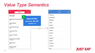 Value Type Semantics
17
SearchFilter
postcode: BR13HP
cuisine: nil
S
 