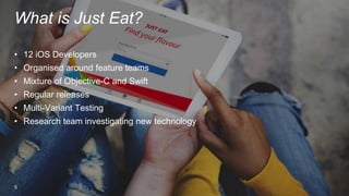 5
• 12 iOS Developers
• Organised around feature teams
• Mixture of Objective-C and Swift
• Regular releases
• Multi-Variant Testing
• Research team investigating new technology
What is Just Eat?
5
 