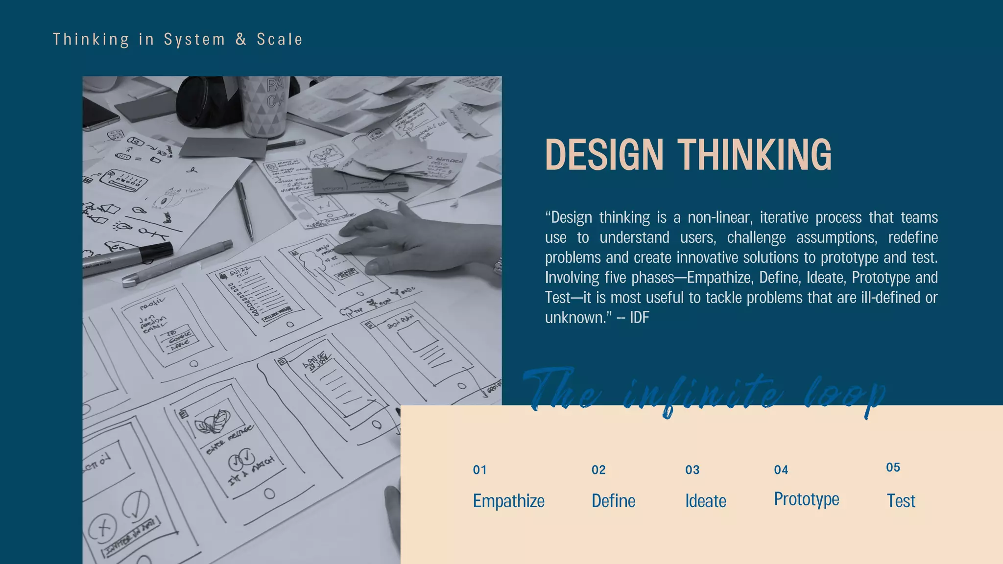 T h i n k i n g i n S y s t e m & S c a l e
“Design thinking is a non-linear, iterative process that teams
use to understand users, challenge assumptions, redefine
problems and create innovative solutions to prototype and test.
Involving five phases—Empathize, Define, Ideate, Prototype and
Test—it is most useful to tackle problems that are ill-defined or
unknown.” -- IDF
DESIGN THINKING
02
Empathize Define
01 03
Ideate
04
Prototype
05
Test
The infinite loop
 