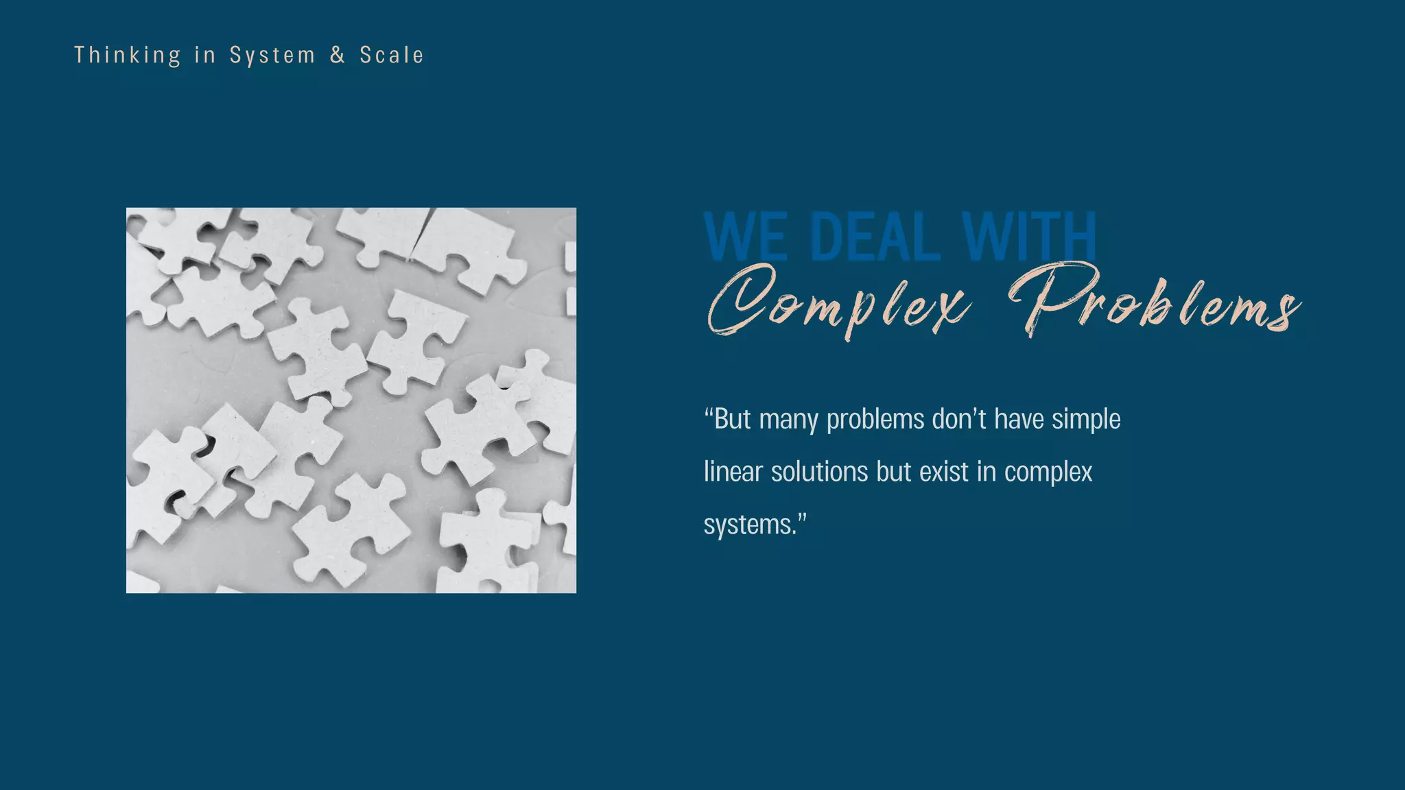 T h i n k i n g i n S y s t e m & S c a l e
“But many problems don’t have simple
linear solutions but exist in complex
systems.”
WE DEAL WITH
Complex Problems
 