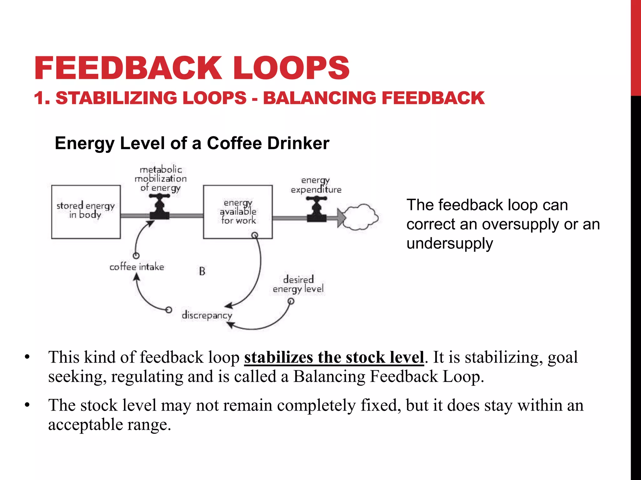 FEEDBACK LOOPS
1. STABILIZING LOOPS - BALANCING FEEDBACK
• This kind of feedback loop stabilizes the stock level. It is stabilizing, goal
seeking, regulating and is called a Balancing Feedback Loop.
• The stock level may not remain completely fixed, but it does stay within an
acceptable range.
Energy Level of a Coffee Drinker
The feedback loop can
correct an oversupply or an
undersupply
 