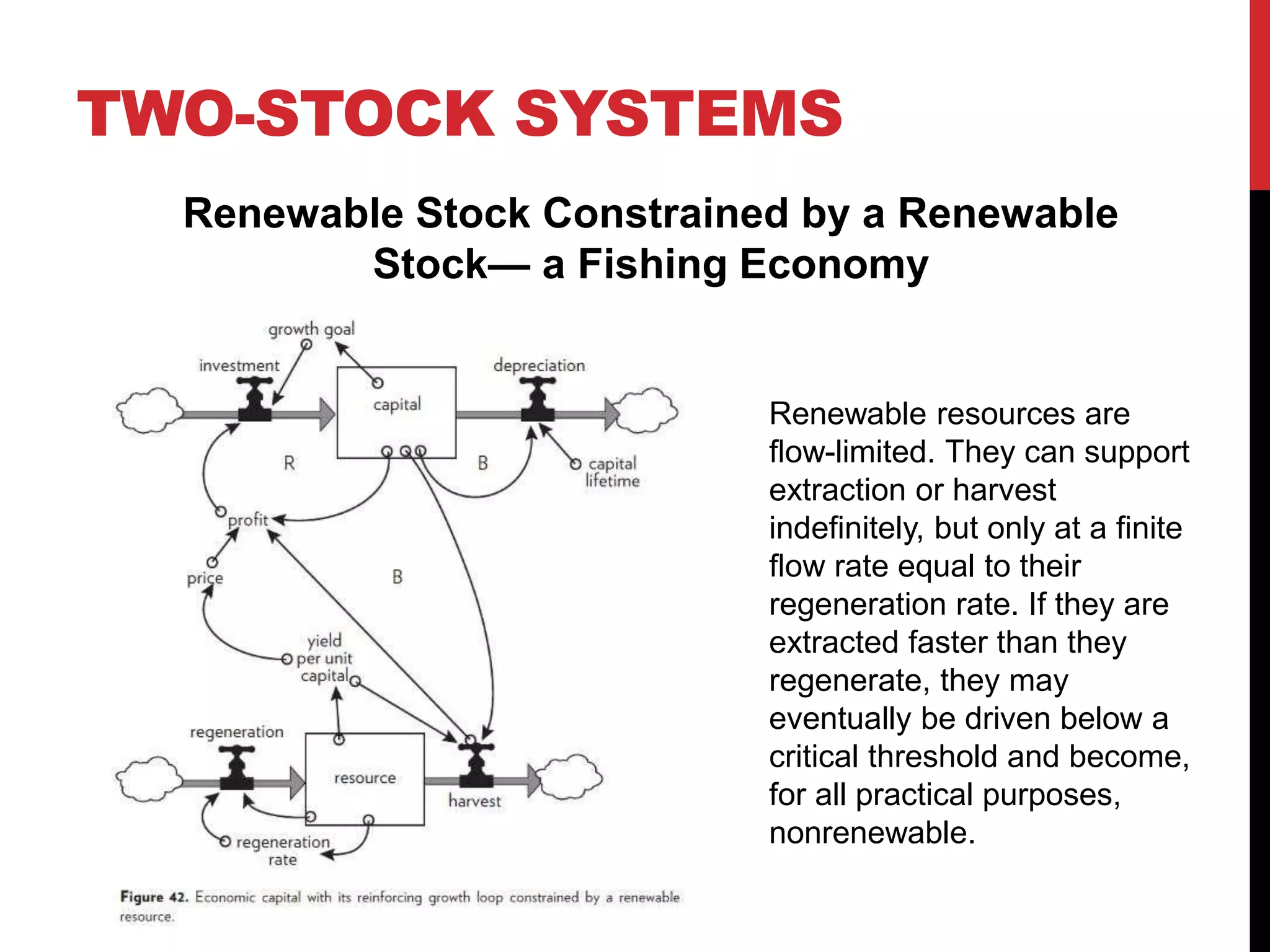 TWO-STOCK SYSTEMS
Renewable Stock Constrained by a Renewable
Stock— a Fishing Economy
Renewable resources are
ﬂow-limited. They can support
extraction or harvest
indeﬁnitely, but only at a ﬁnite
ﬂow rate equal to their
regeneration rate. If they are
extracted faster than they
regenerate, they may
eventually be driven below a
critical threshold and become,
for all practical purposes,
nonrenewable.
 