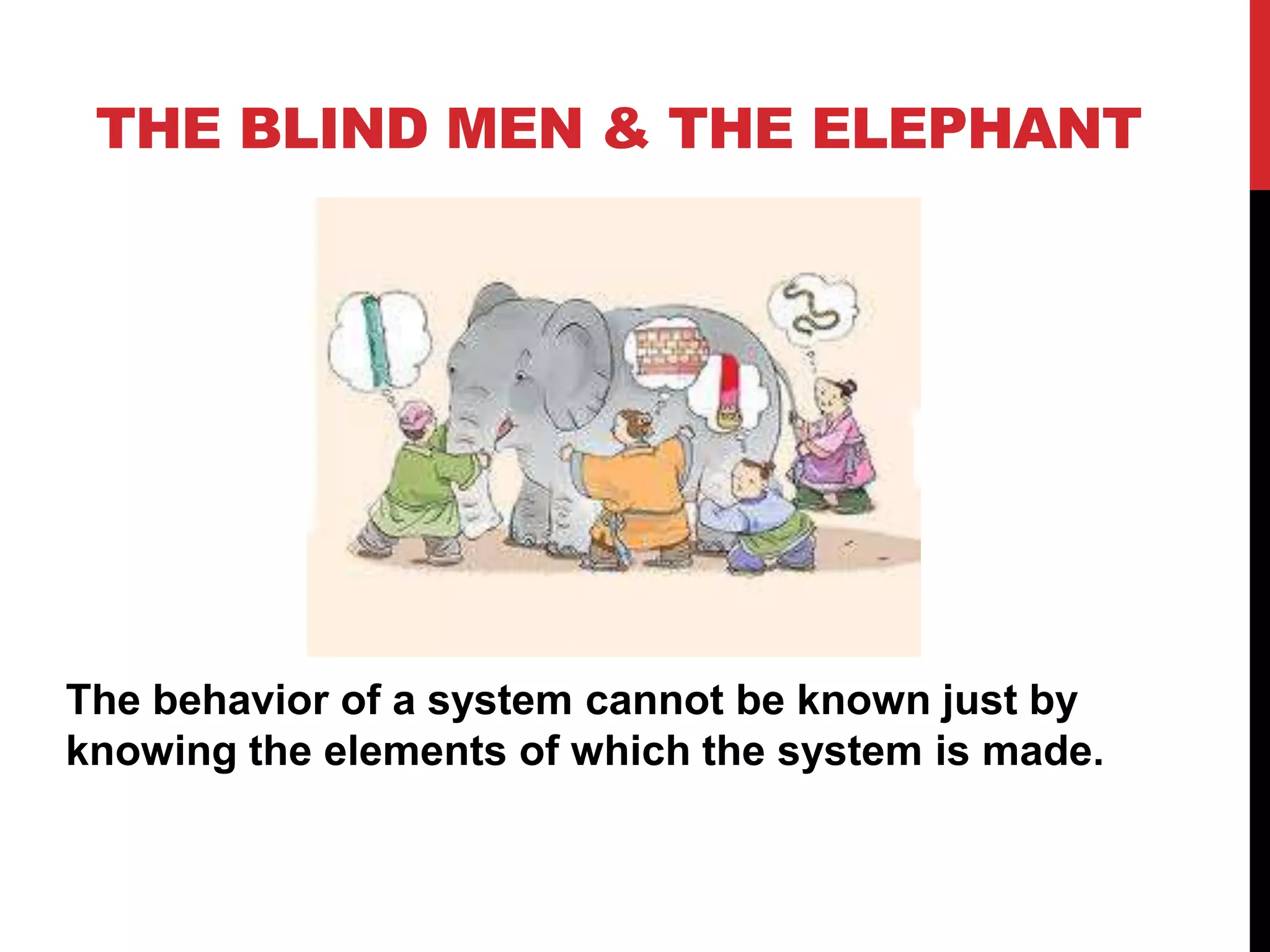 THE BLIND MEN & THE ELEPHANT
The behavior of a system cannot be known just by
knowing the elements of which the system is made.
 